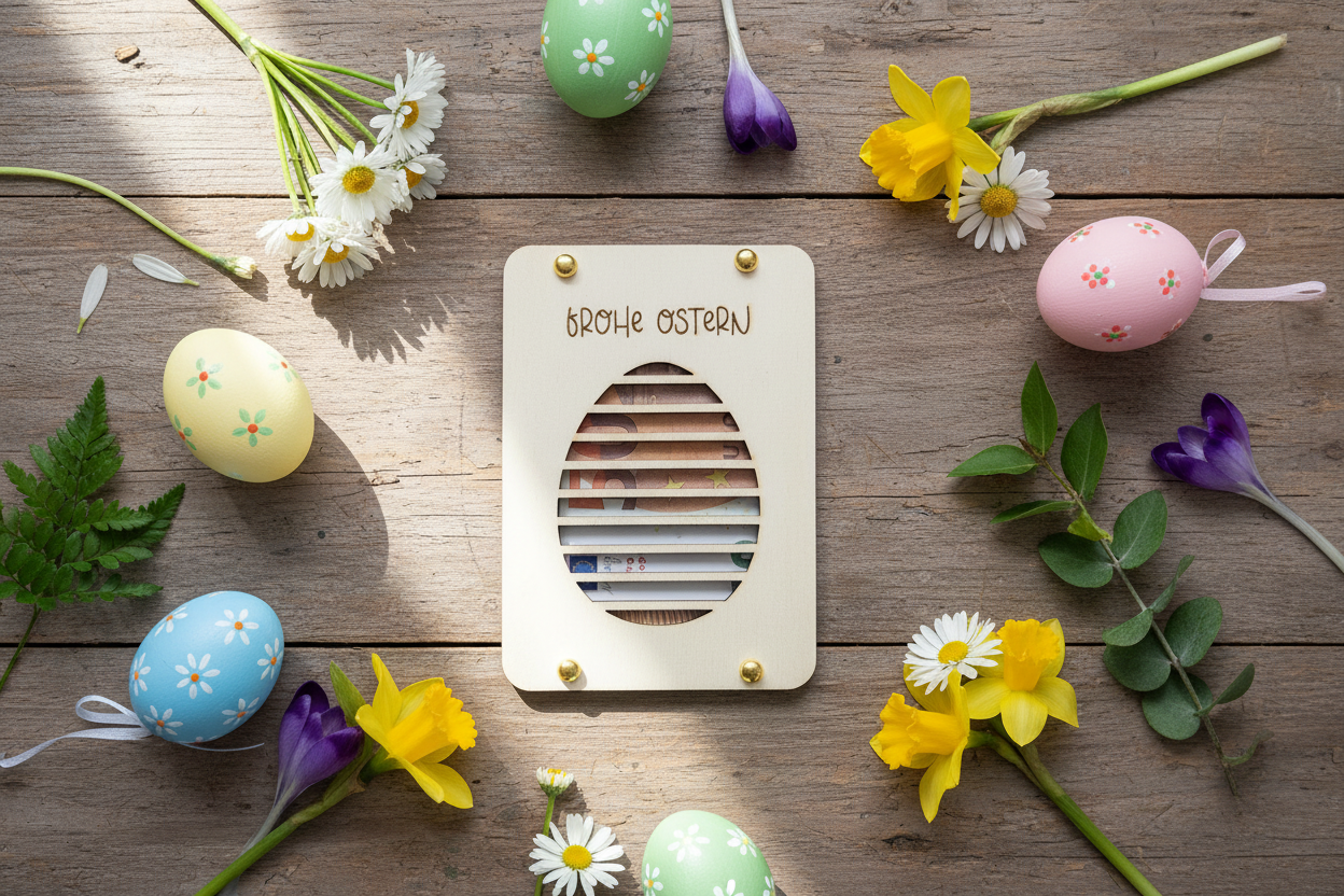 Frohe Ostern Holzkarte - Oster Dekoration Flat Lay