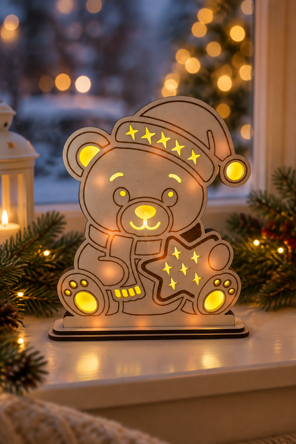 Weihnachtslampe mit Teddy auf einem festlichen Fensterbrett