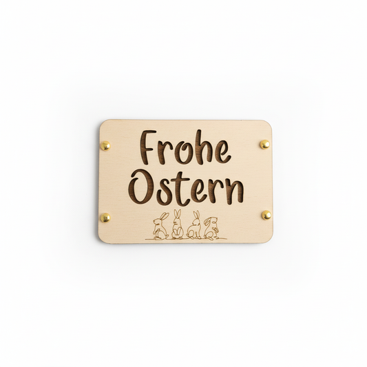 Handgefertigte Holzkarte Frohe Ostern mit 4 Hasen und Laser-Gravur