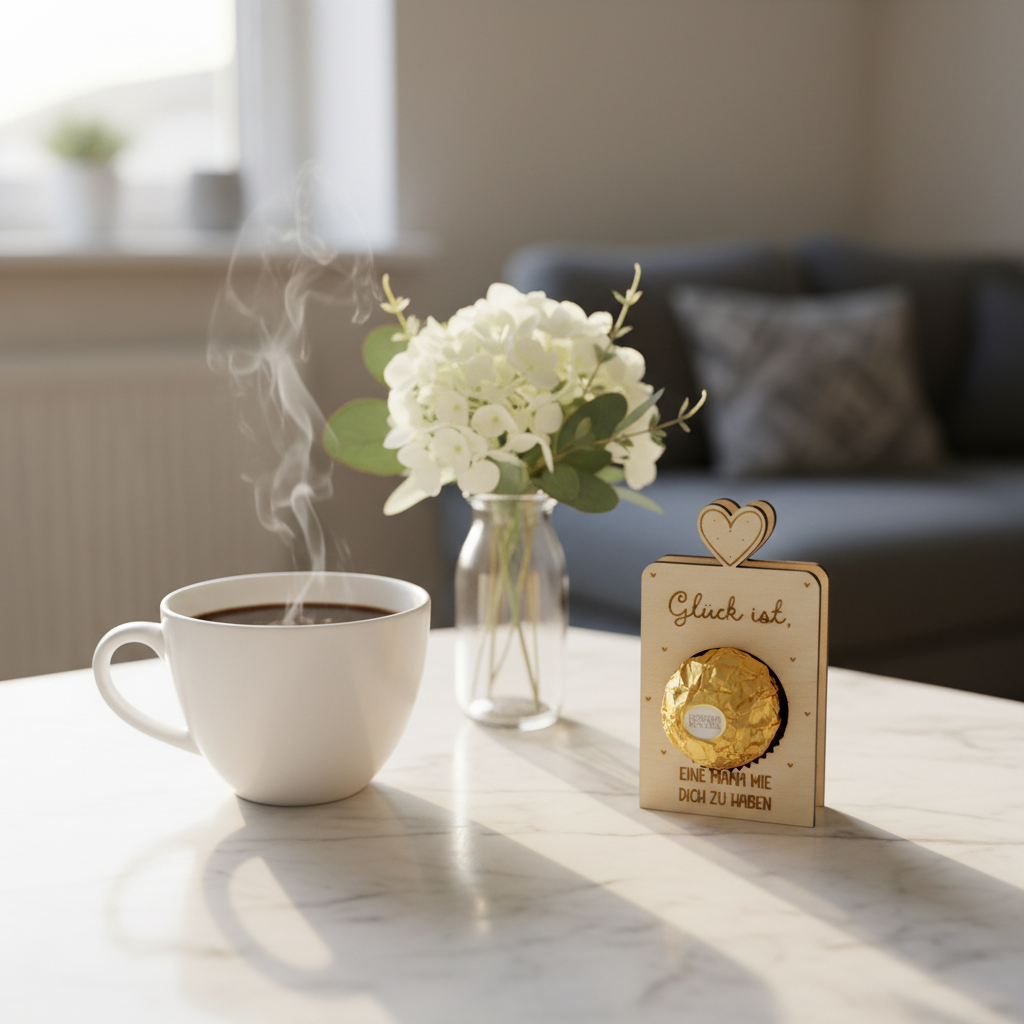 Holz-Pralinenhalter auf Marmor mit Kaffee und Blumen