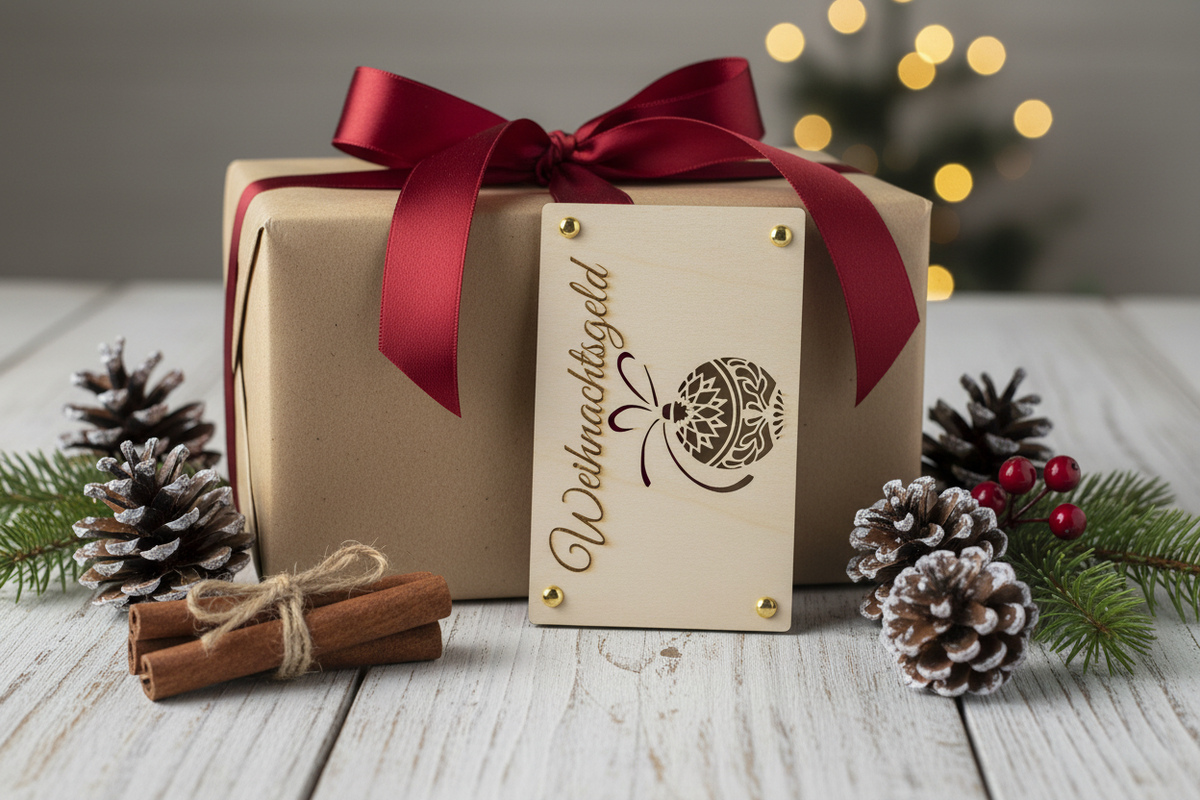 Holztafel Weihnachtsgeld als Geschenk verpackt