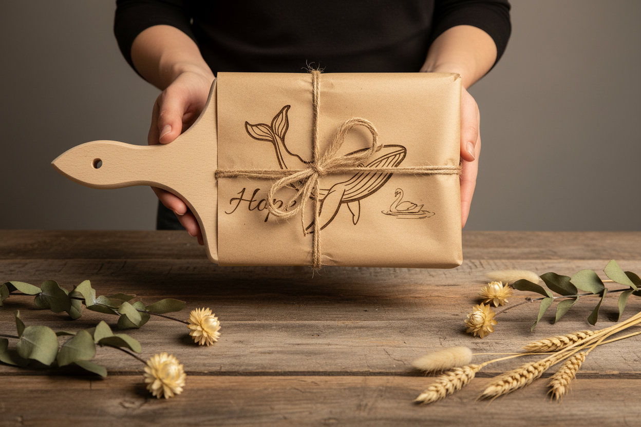 Lifestyle Schneidebrett Hope als Geschenk verpackt