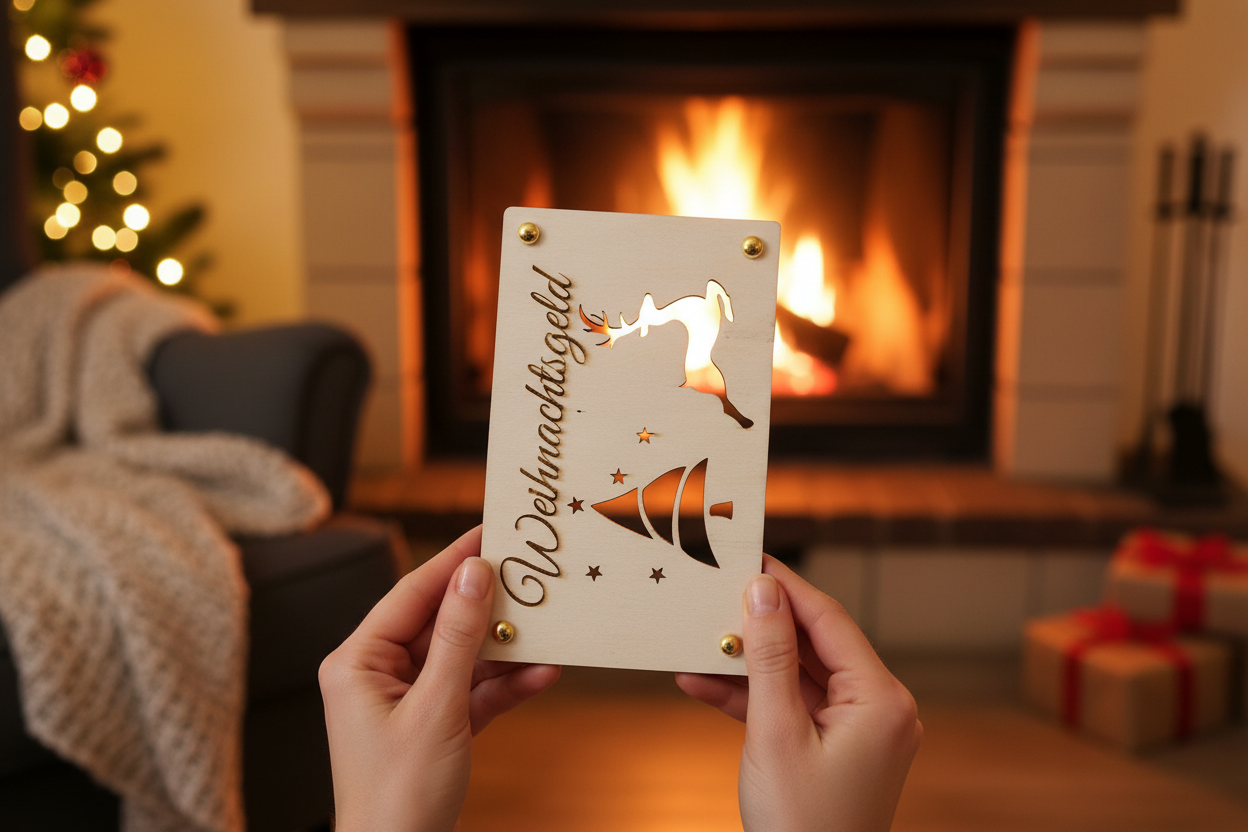 Holztafel Weihnachtsgeld am Kamin