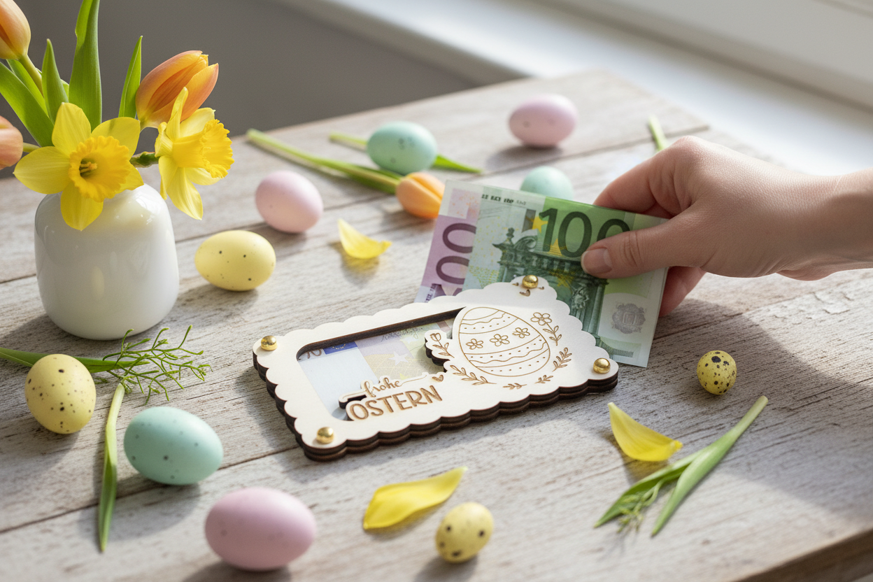 Holzkarte Frohe Ostern als Geldgeschenk auf Ostertisch
