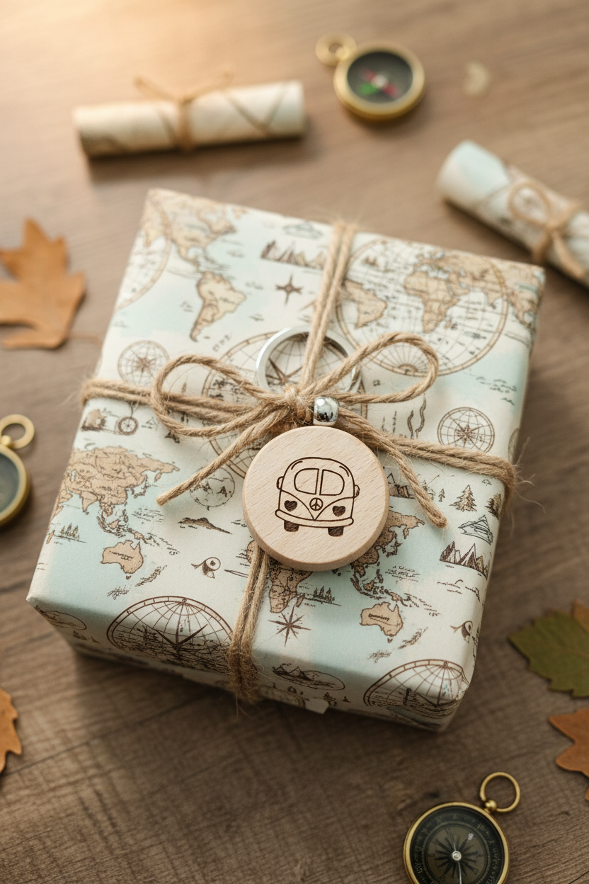 Reisegeschenk - Bus-Schlüsselanhänger mit Geschenkpapier und Schnur