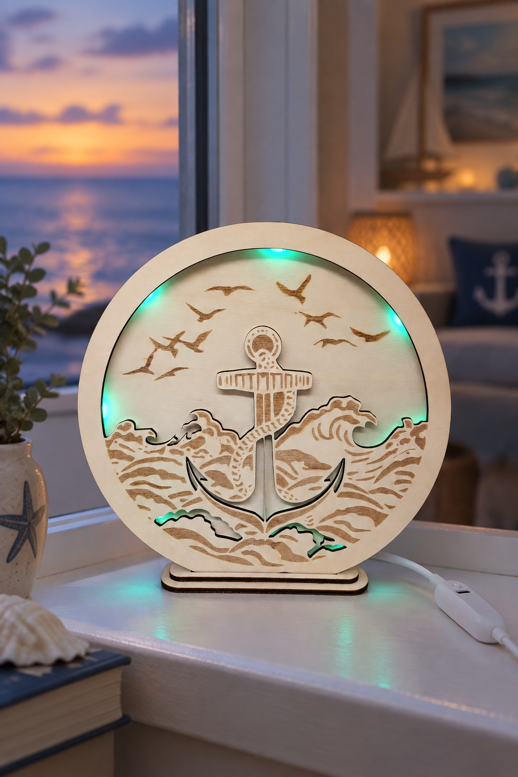 RGB-Lampe mit Anker auf einem Fensterbrett