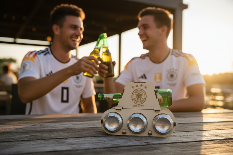 Zwei Fans in deutschen DFB-Trikots stoßen mit Bier an – Panzer Bierträger WM 2026