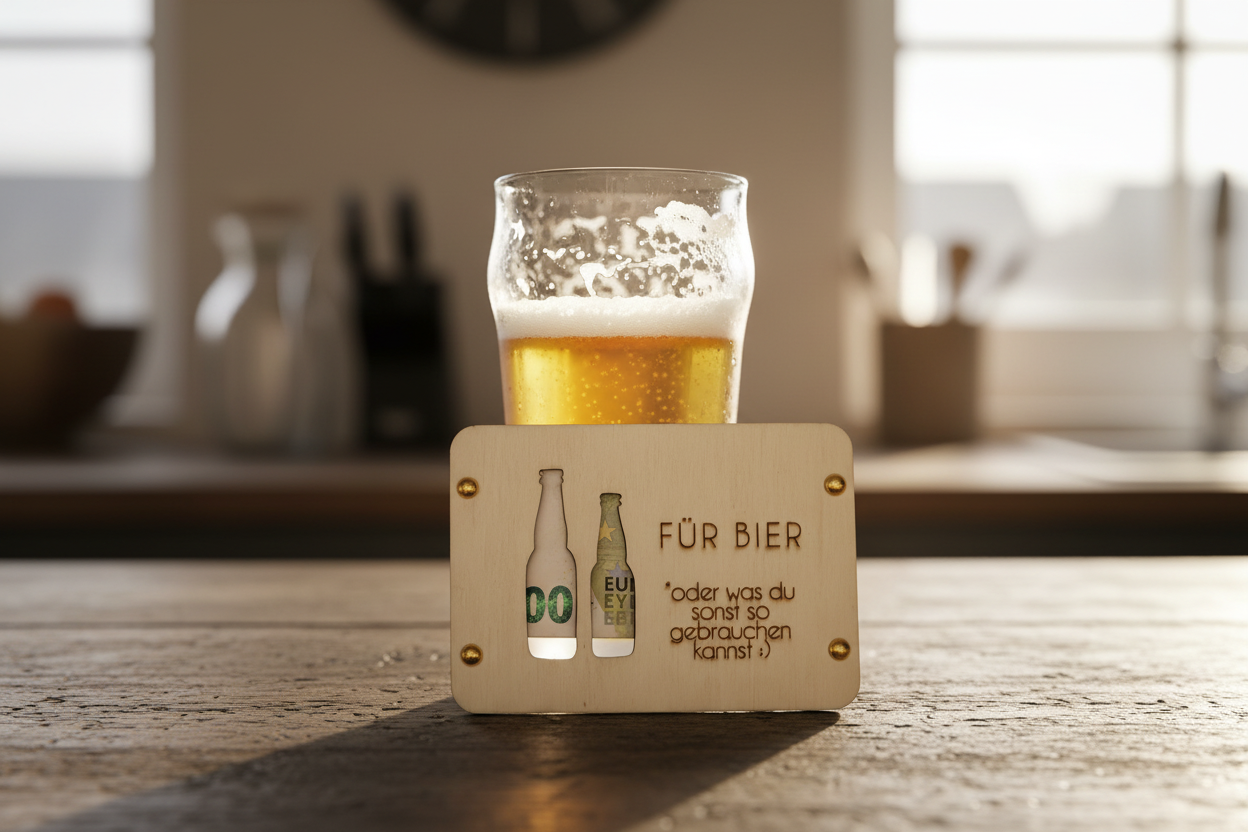 Holzkarte mit Gravur für Bier - Lifestyle Foto mit Bierglas