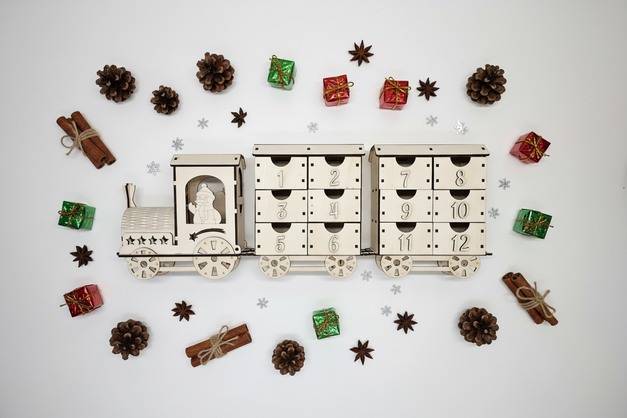 Adventskalender Zug Flat Lay mit Weihnachtsdekoration