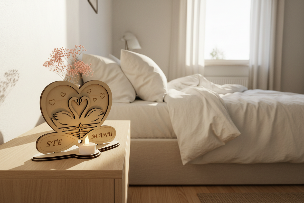 Portacandela cuore con cigni su comodino in camera da letto stile scandinavo