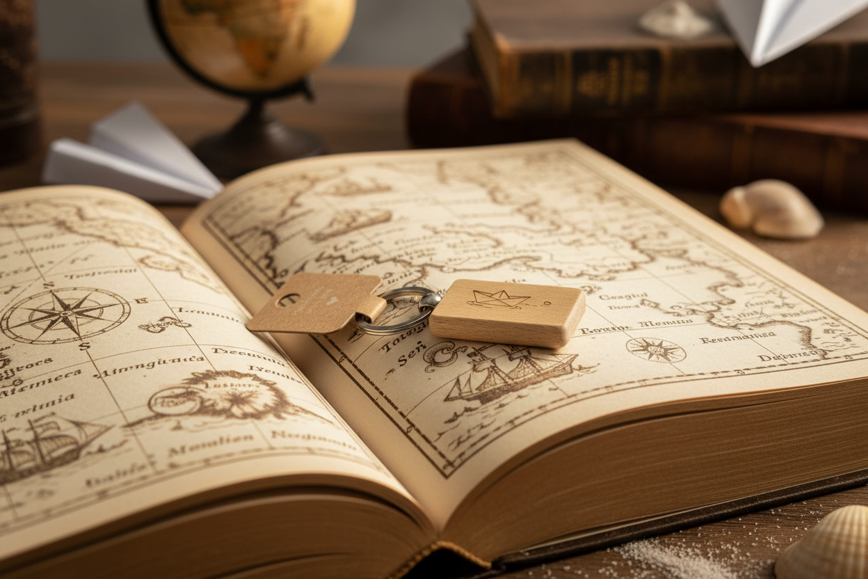Papierboot-Schlüsselanhänger auf Abenteuerbuch mit Vintage-Karte