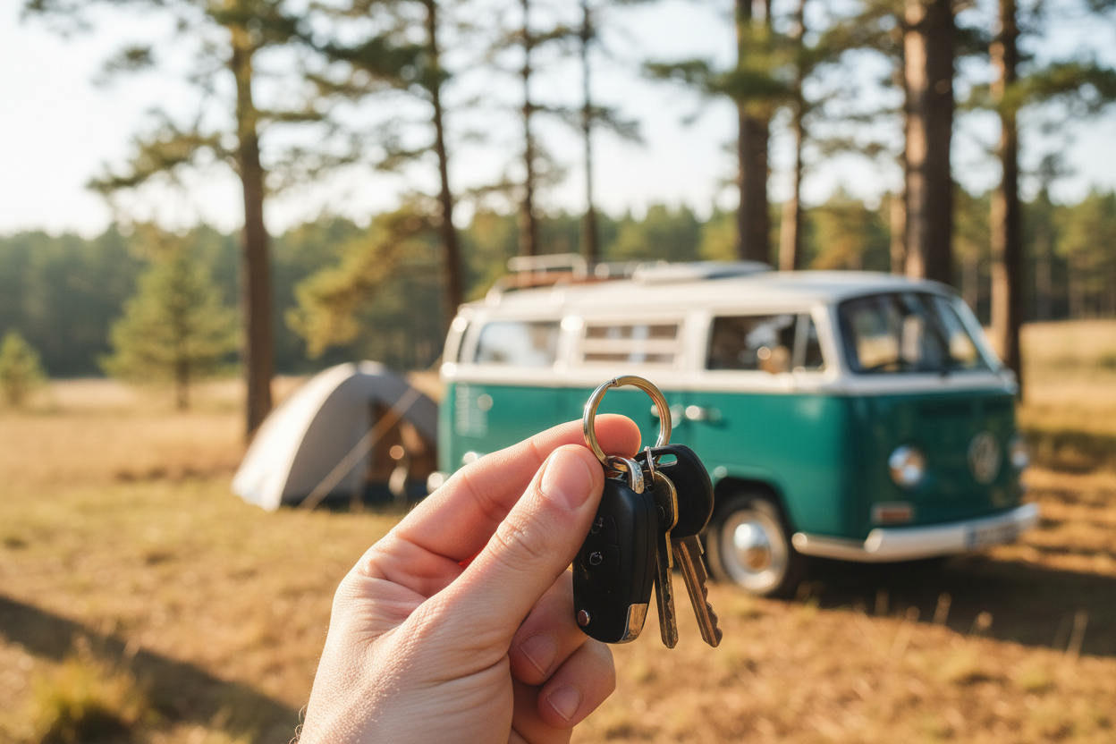 Hand hält Bus-Schlüsselanhänger beim Camping mit Van im Hintergrund