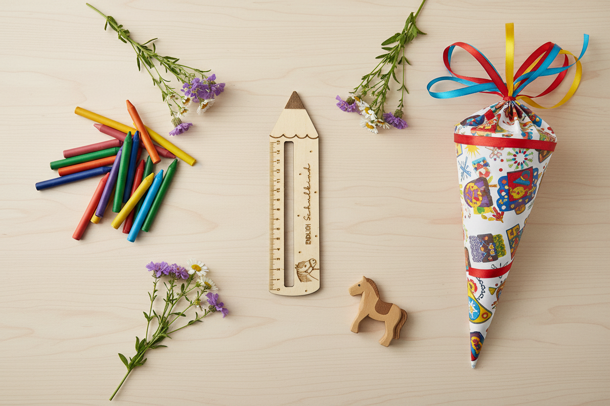 Holzlineal Pferd lifestyle flat lay mit Schulmaterial