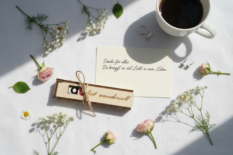 Flat Lay mit Holzgeschenk Du bist wundervoll, Karte und Blumen