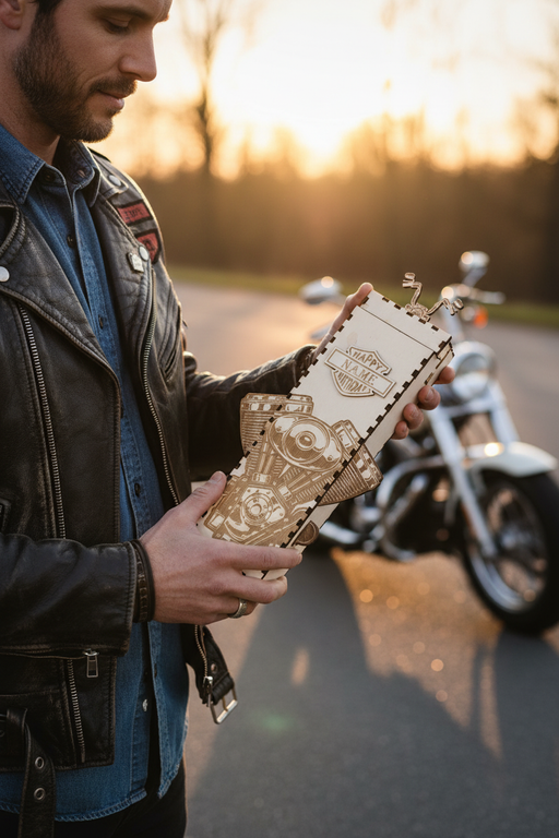 Weinflaschenbox Holz Harley Motor – Biker Lifestyle Geschenk