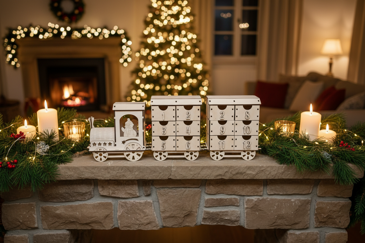 Adventskalender Zug aus Holz auf dem Kaminsims mit Weihnachtsdekoration
