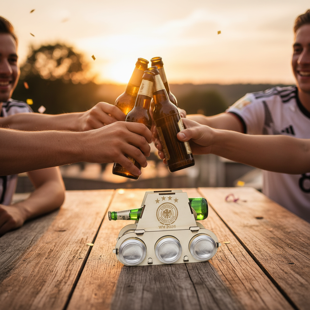Hände stoßen mit Bierflaschen an – Panzer Bierträger WM 2026 DFB Edition