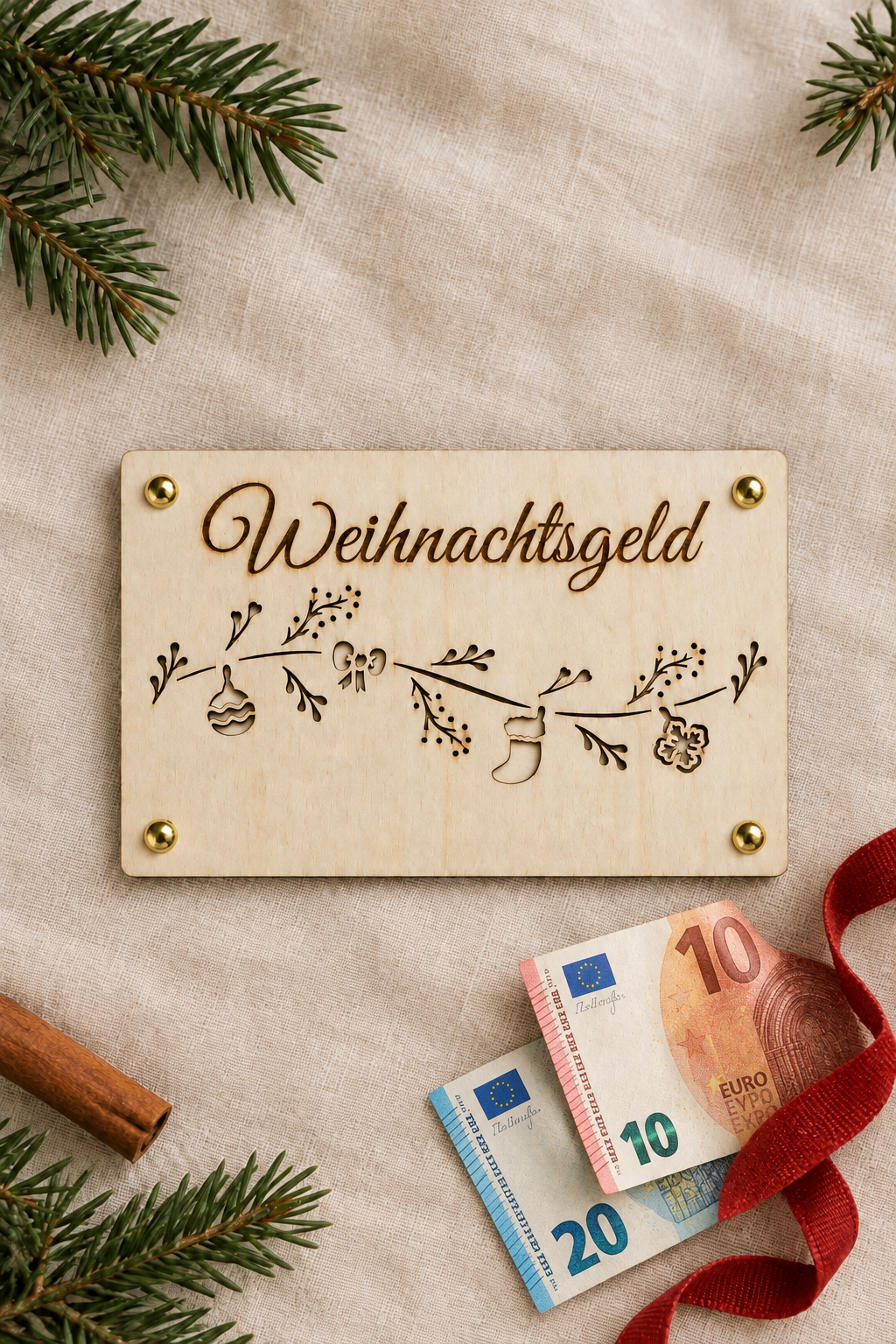 Weihnachtsgeld aus Holz mit Euro-Banknoten auf Leinen mit weihnachtlicher Dekoration