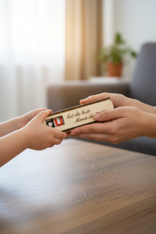 Kind schenkt Mama Holzgeschenk - emotionaler Muttertag Moment