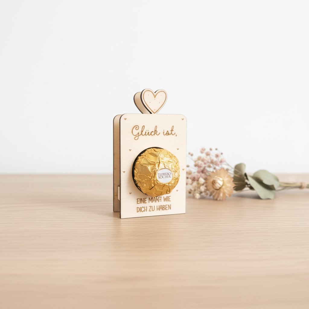 Holz-Pralinenhalter auf Holztisch mit Naturlicht