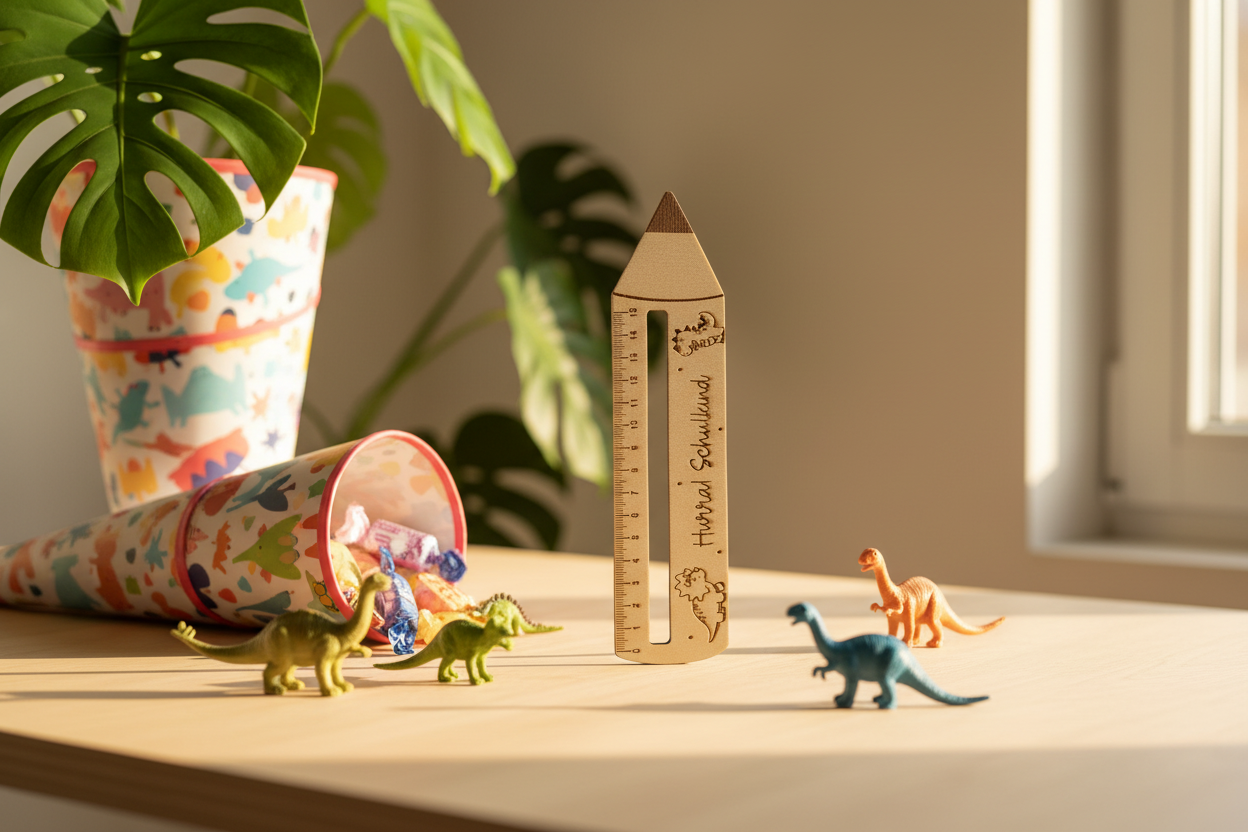 Holzlineal Dinosaurier lifestyle mit Schültüte und Dino-Figuren