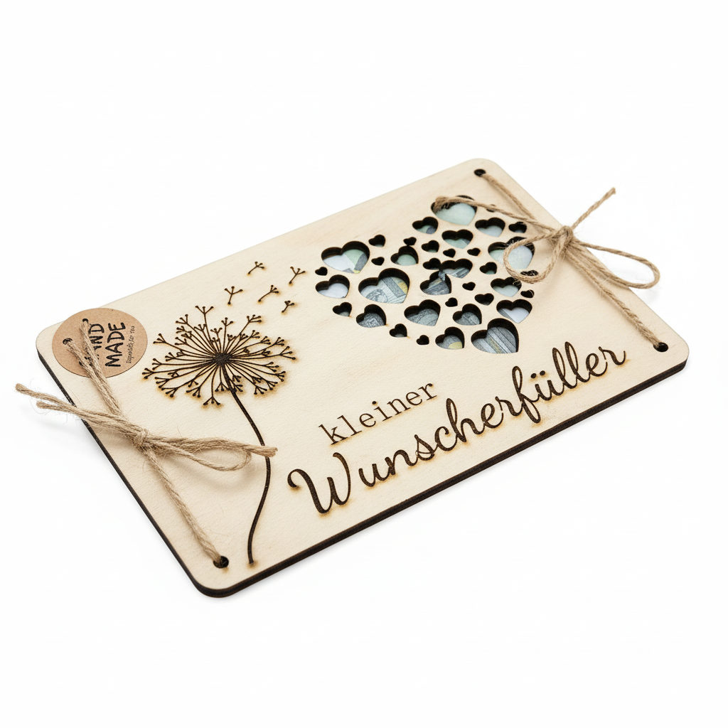 Holzkarte kleiner Wunscherfüller - Handgefertigte Geschenkkarte aus Holz mit Lasergravur