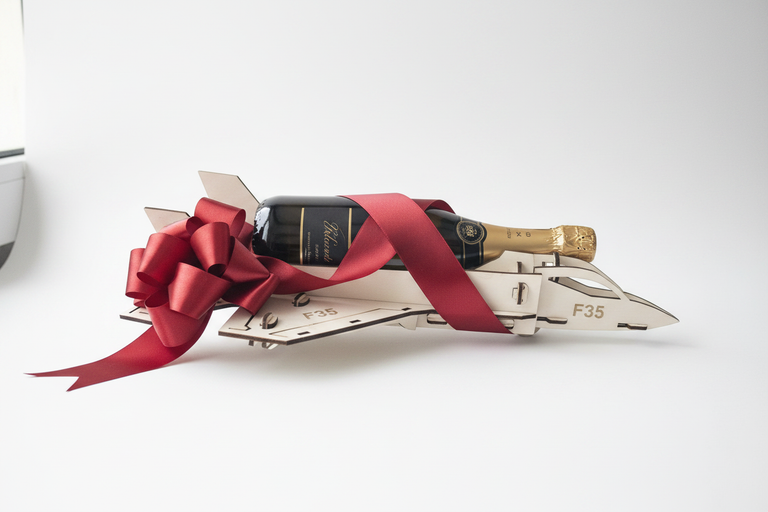 F35 Holzmodell als Geschenk verpackt mit Champagnerflasche