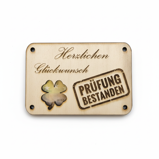 Holzkarte Prüfung bestanden handgefertigt - Glückwunschkarte aus Holz