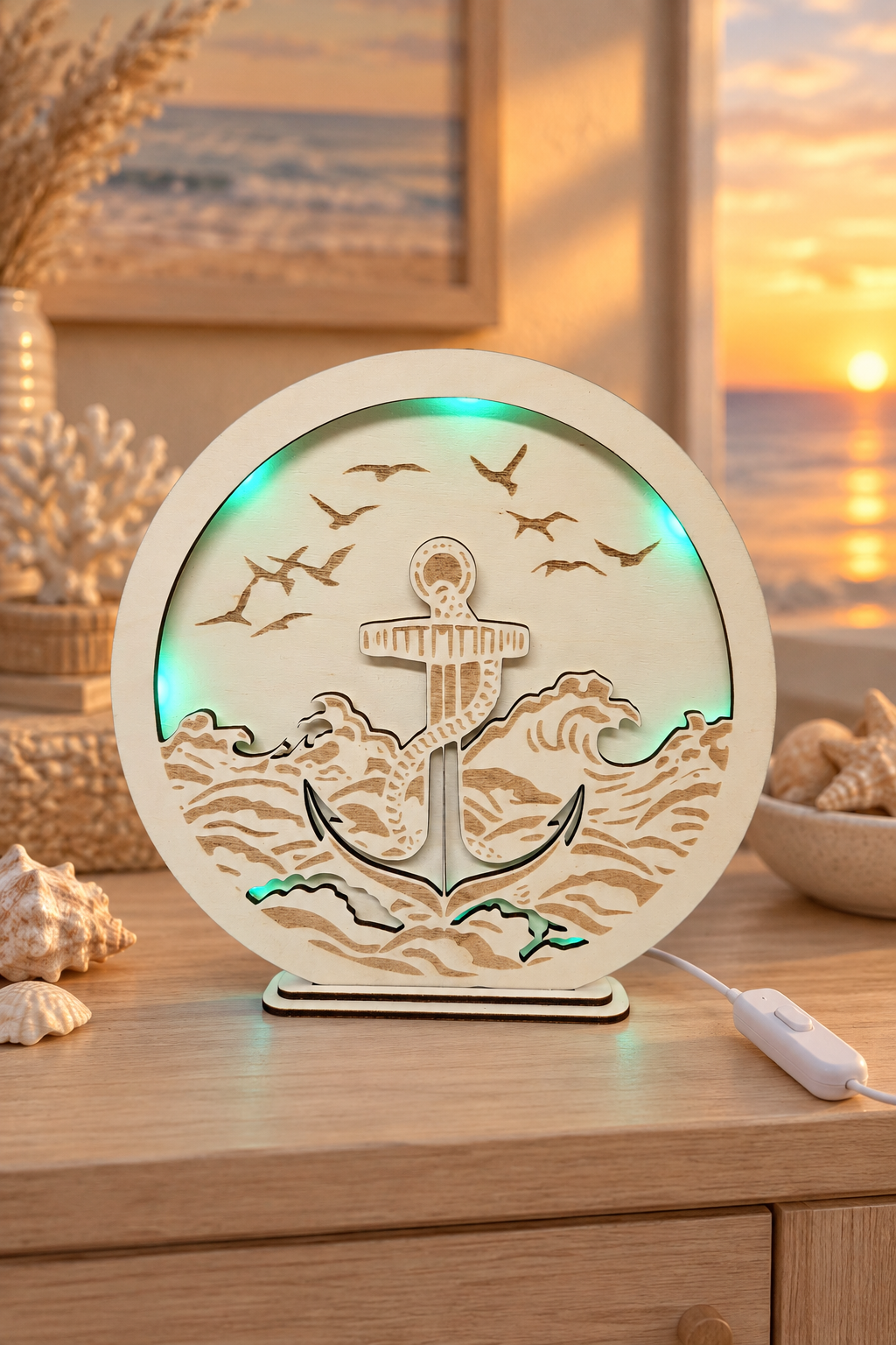 RGB-Lampe mit Anker in einem maritim eingerichteten Zimmer