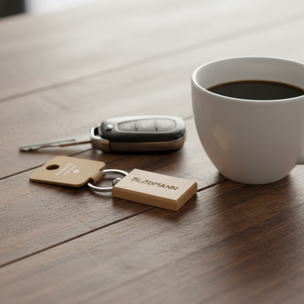 Schlüsselanhänger Blödmann auf Holztisch mit Autoschlüsseln und Kaffeetasse