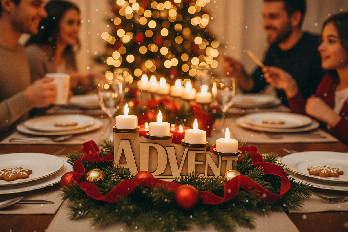 Holz Advent Kerzenhalter auf gedecktem Weihnachtstisch mit Familie