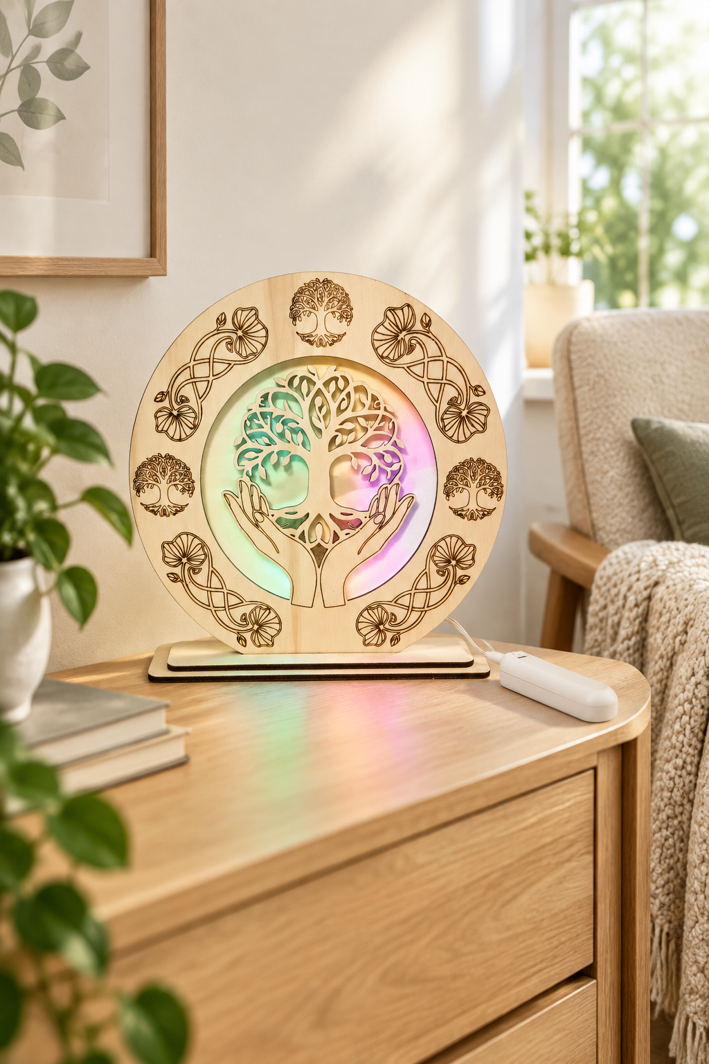 Runde LED-Lampe aus Holz mit Lebensbaum-Motiv und RGB-Beleuchtung in einer hellen skandinavischen Leseecke