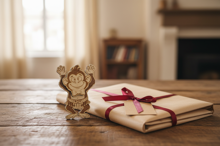 Kühlschrankmagnet Affe als Geschenk auf Holztisch