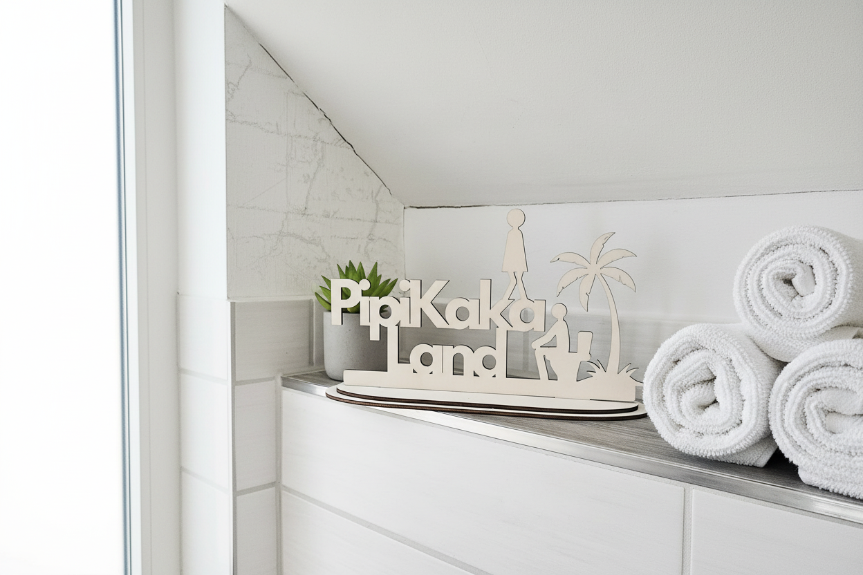 Pipipakaland Holzdeko auf Badezimmer-Regal mit Pflanzen und Handtüchern