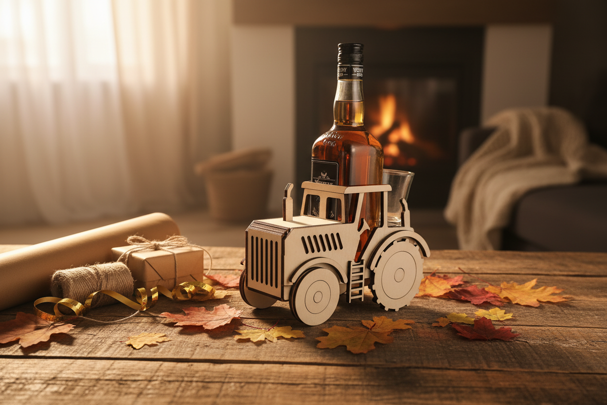 Lifestyle – Traktor Flaschenhalter auf rustikalem Holztisch