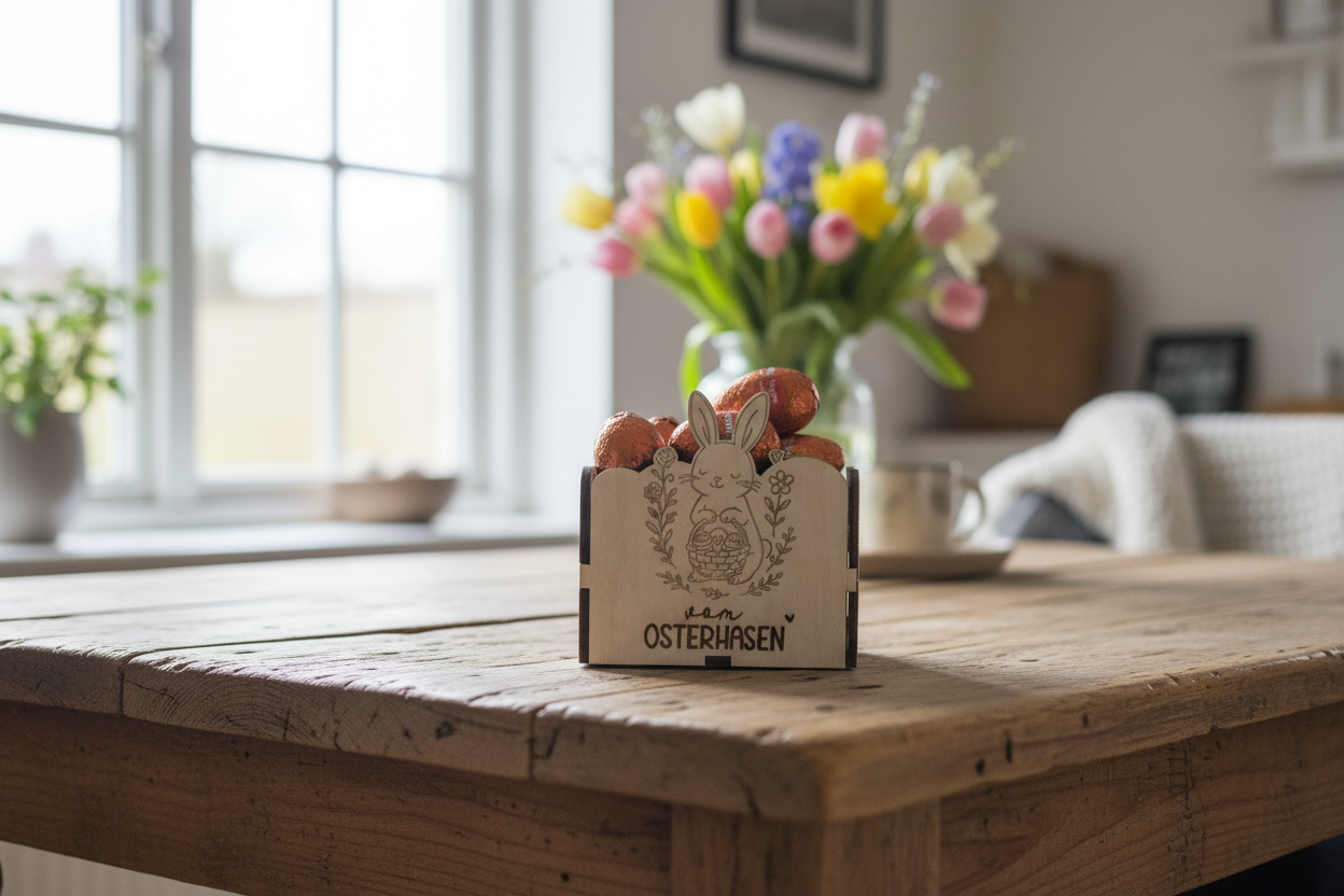 Osterhasen Schokoladenbox auf rustikalem Holztisch mit Frühlingsblumen