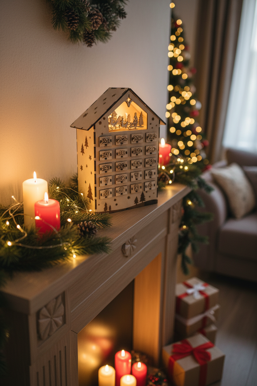 Adventskalender Holzhaus auf Kaminsims mit Weihnachtsdeko