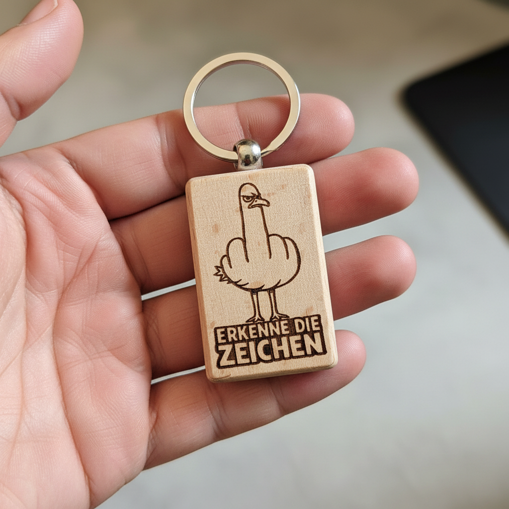 Nahaufnahme Hand haelt Holz-Schluesselanhaenger