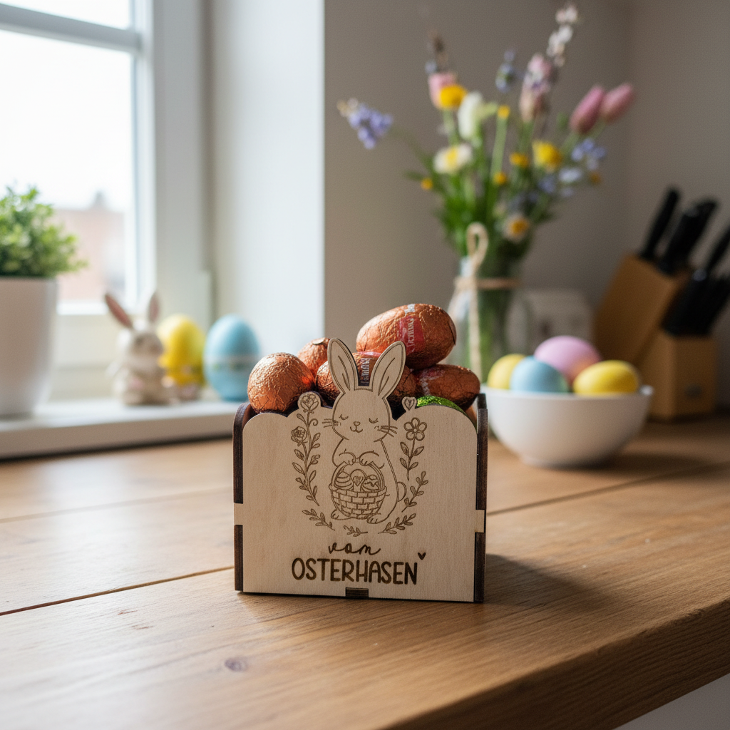 Detailaufnahme der Lasergravur auf der Osterhasen Box