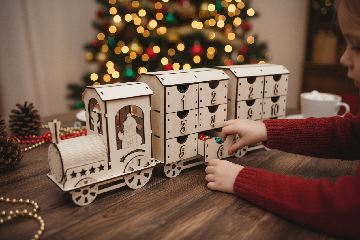 Kind öffnet eine Schublade des Adventskalender Zuges