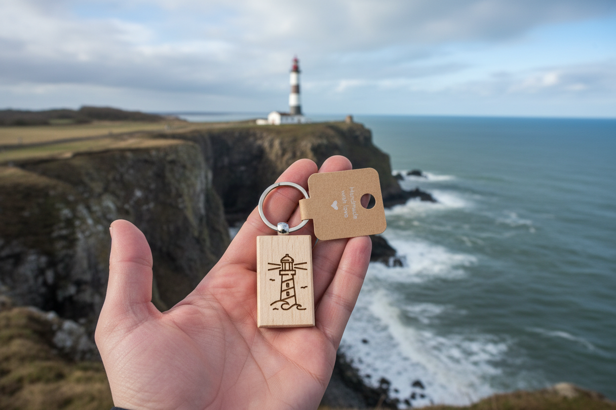 Hand hält Leuchtturm-Schlüsselanhänger vor echtem Leuchtturm und Küstenklippen