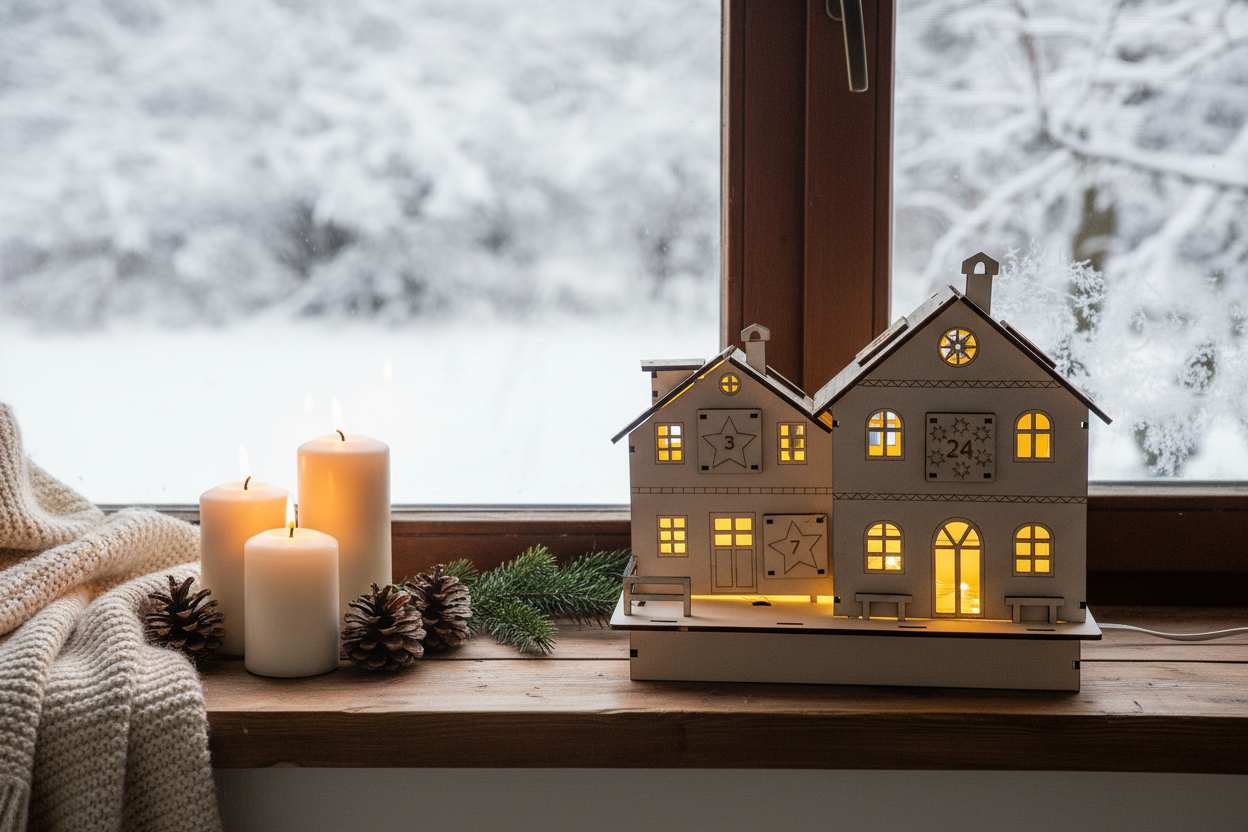 Adventskalender Holzhaus – Winterliches Fensterbrett