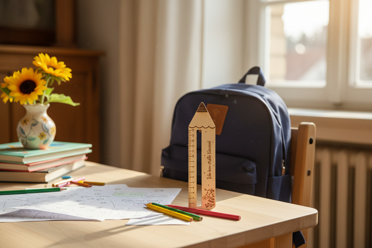 Holzlineal Einschulung auf Kinderschreibtisch mit Girasoli