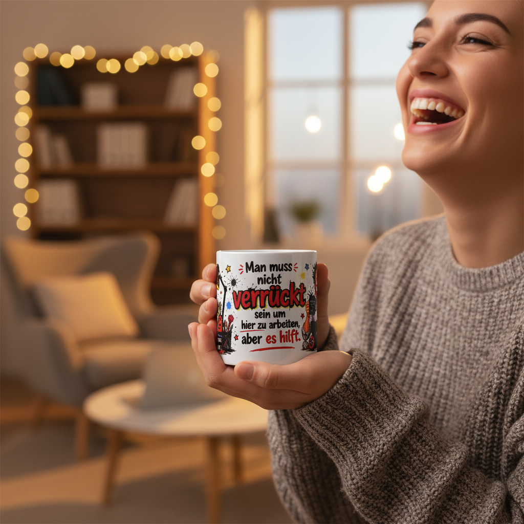 Person hält Kaffeetasse mit lustigem Spruch und lacht