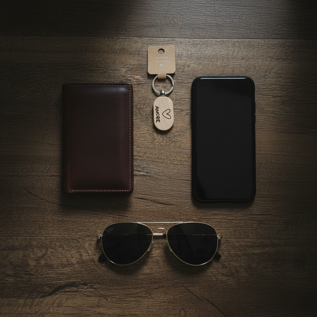 Premium Flat Lay mit AMORE Schlüsselanhänger, Leder-Geldbörse und Designer-Accessoires