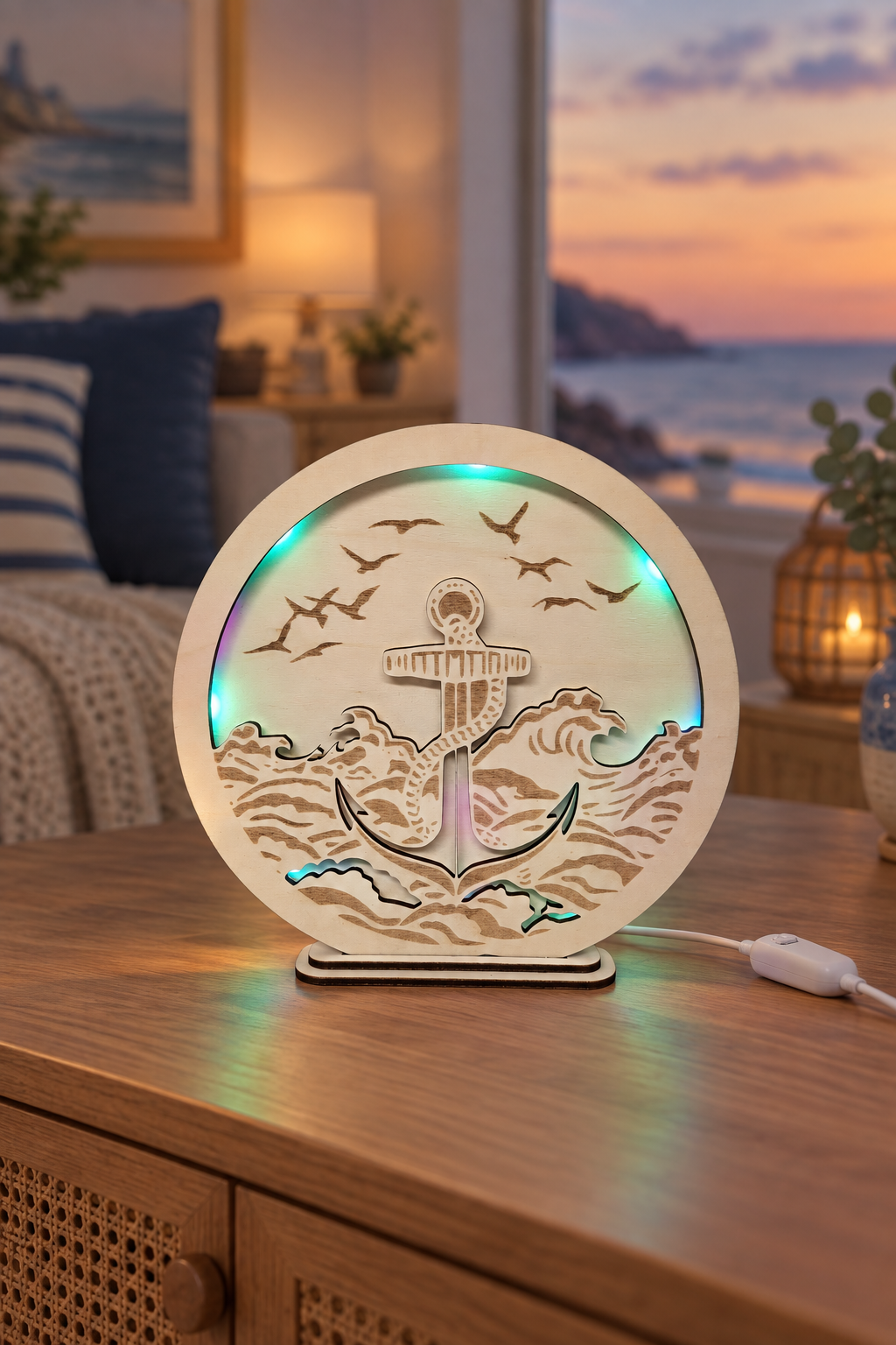 RGB-Lampe mit Anker auf einem Sideboard