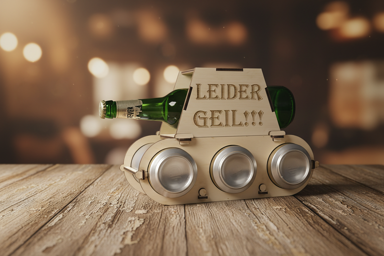 Lifestyle Foto – Bierhalter Panzer Leider Geil auf Holztisch