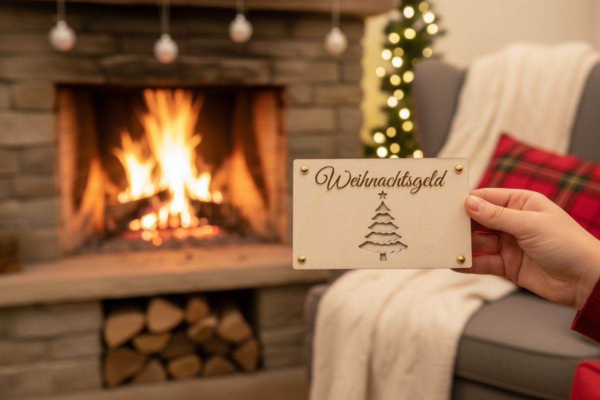Holztafel Weihnachtsgeld am Kamin