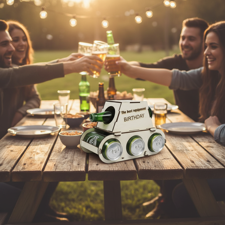 Portabottiglie carro armato in legno con birre su tavolo durante una festa
