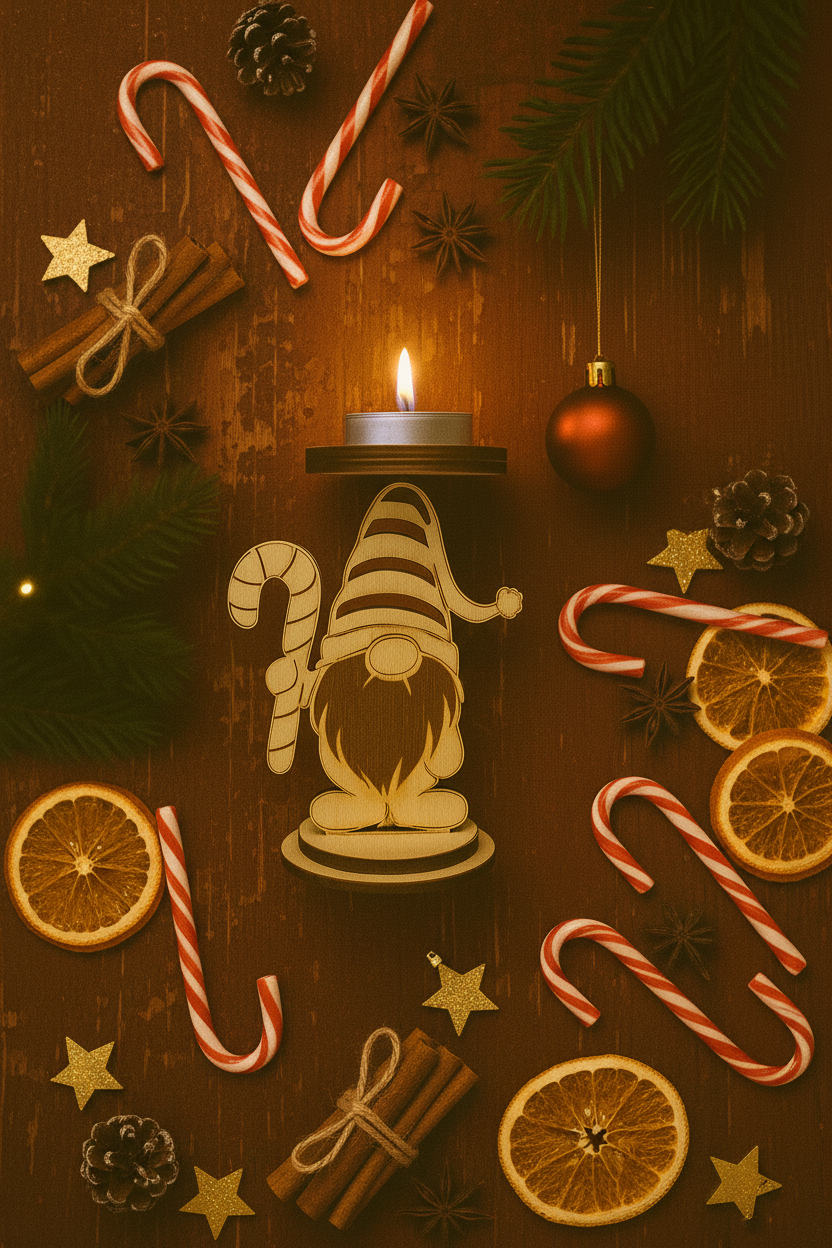 Holz-Teelichthalter Gnome mit Zuckerstange Flat Lay von oben